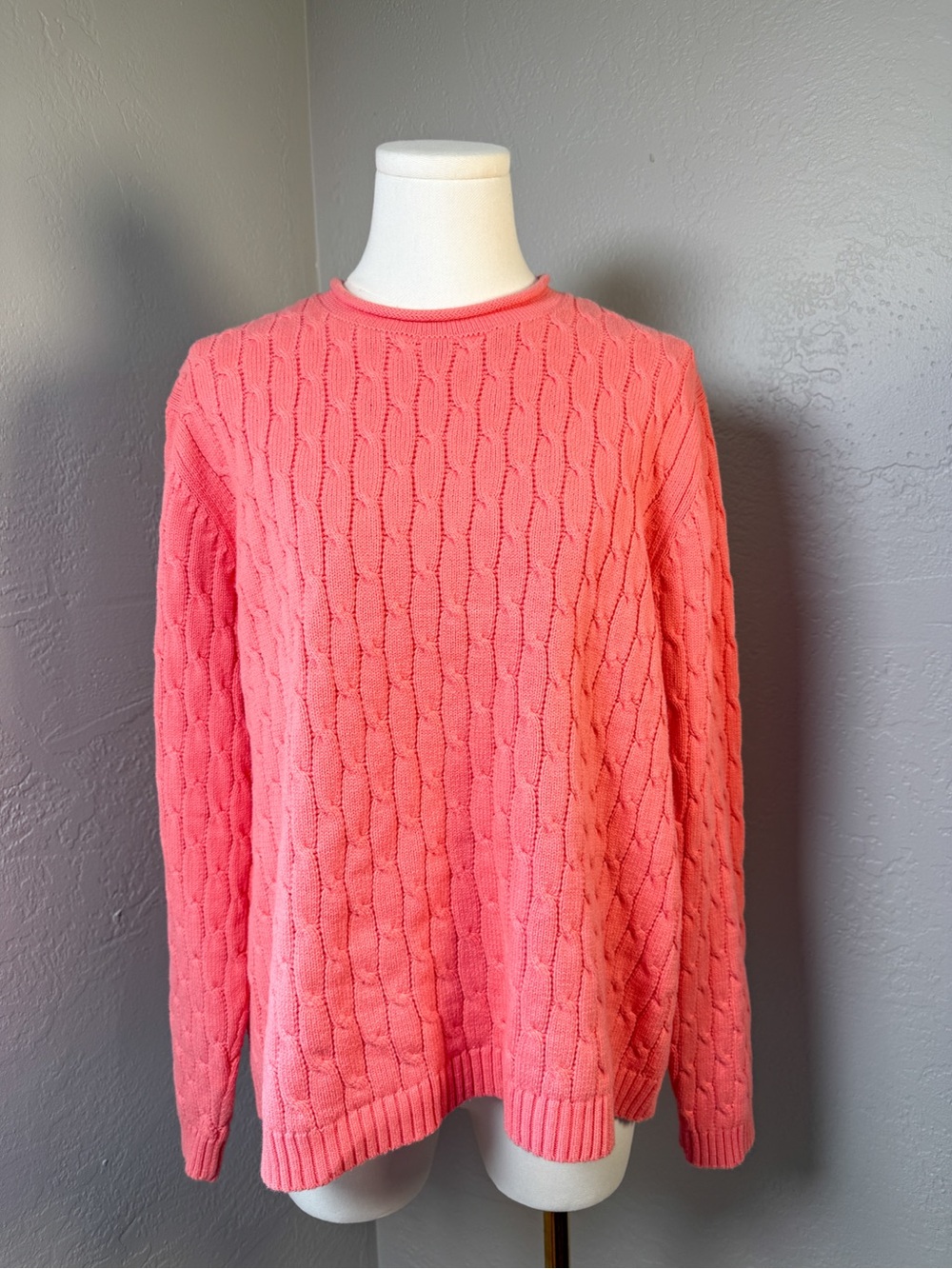 Karen Scott Sport Coral Pink Cable Knit Sweater 100% Cotton Size XL